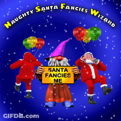 A Naughty Santa Fancies Wizard Poster With Balloons And Gnomes GIF