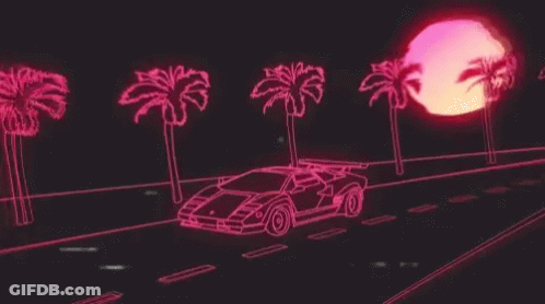 A Neon Car Is Driving Down A Street With Palm Trees And The Sun Behind It . GIF