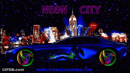 A Neon City Poster With A Car And A Woman GIF