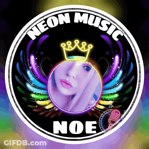 A Neon Music Logo With A Picture Of A Woman In The Center GIF