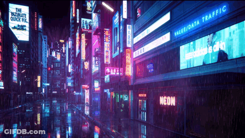A Neon Sign Is Lit Up In The Middle Of A City GIF