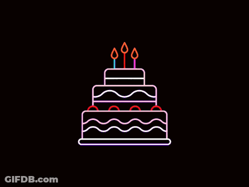 A Neon Sign Of A Birthday Cake With Three Candles On Top GIF