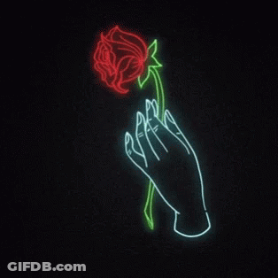 A Neon Sign Of A Hand Holding A Rose . GIF