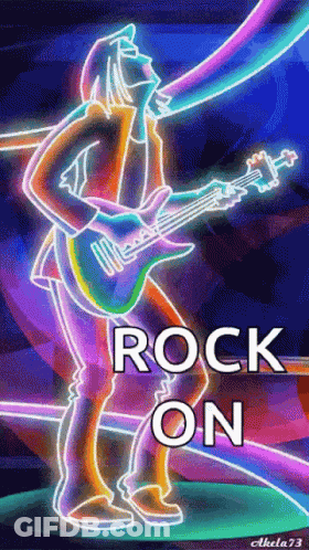 A Neon Sign Of A Man Playing A Guitar With The Words Rock On GIF