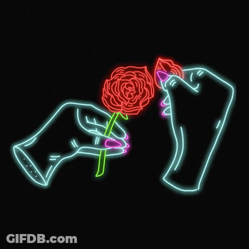 A Neon Sign Of Two Hands Holding A Red Rose GIF
