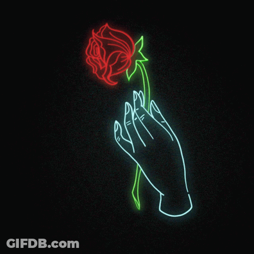 A Neon Sign Shows A Hand Holding A Rose GIF