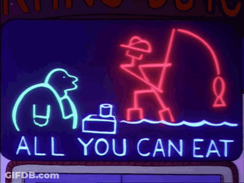 A Neon Sign That Says " All You Can Eat " On It GIF