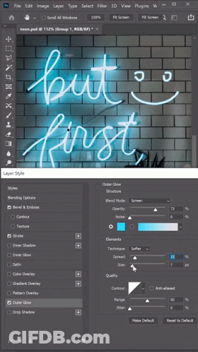 A Neon Sign That Says But First Is Being Created In Photoshop GIF