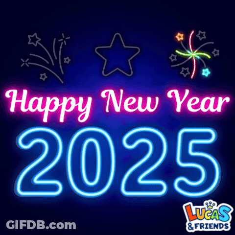 A Neon Sign That Says Happy New Year 2025 On It GIF