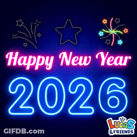 A Neon Sign That Says Happy New Year 2026 With Fireworks In The Background GIF