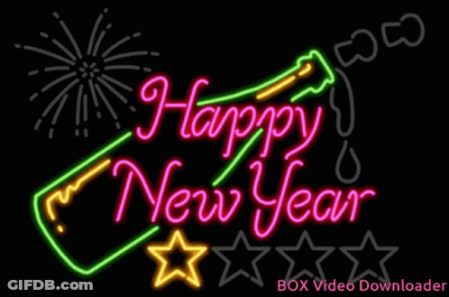 A Neon Sign That Says Happy New Year With Fireworks GIF
