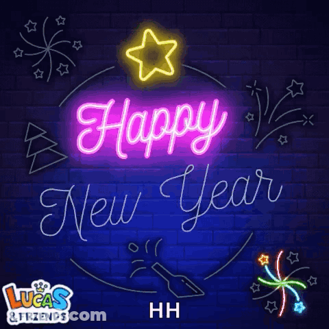 A Neon Sign That Says Happy New Year With Lucas & Friends On The Bottom GIF