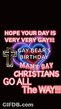 A Neon Sign That Says `` Hope Your Day Is Very Very Gay '' With A Cross And A Heart . GIF