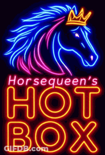 A Neon Sign That Says Horsequeen 'S Hot Box With A Horse Wearing A Crown GIF