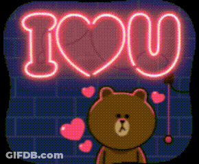 A Neon Sign That Says I Love You With A Brown Bear In The Foreground GIF
