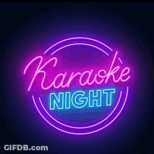 A Neon Sign That Says Karaoke Night In Purple Letters GIF