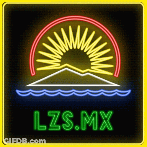 A Neon Sign That Says Lzs.mx With A Sun And Water GIF
