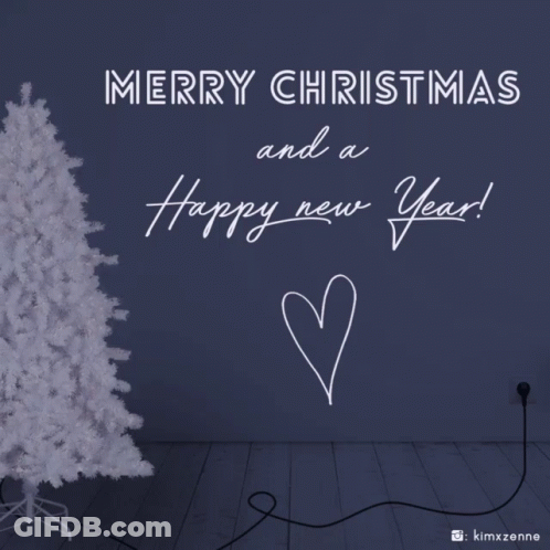 A Neon Sign That Says Merry Christmas And A Happy New Year With A Christmas Tree In The Background GIF