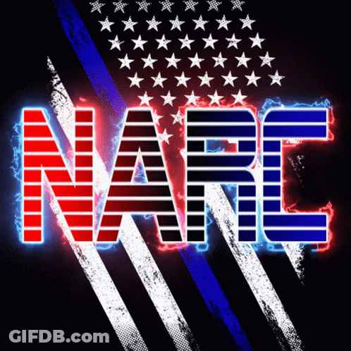 A Neon Sign That Says Narc With An American Flag Background GIF