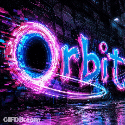 A Neon Sign That Says Orbit On A Dark Background GIF