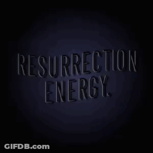 A Neon Sign That Says Resurrection Energy On A Dark Blue Background GIF