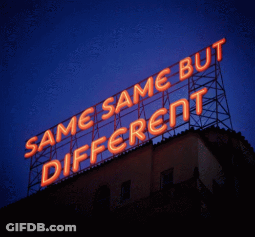 A Neon Sign That Says Same Same But Different On Top Of A Building GIF