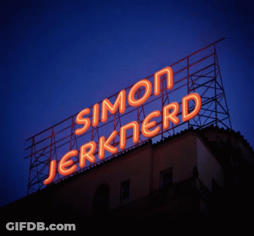 A Neon Sign That Says Simon Jerknerd Is Lit Up At Night GIF