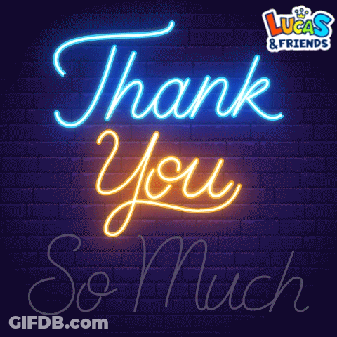 A Neon Sign That Says Thank You So Much On A Brick Wall GIF