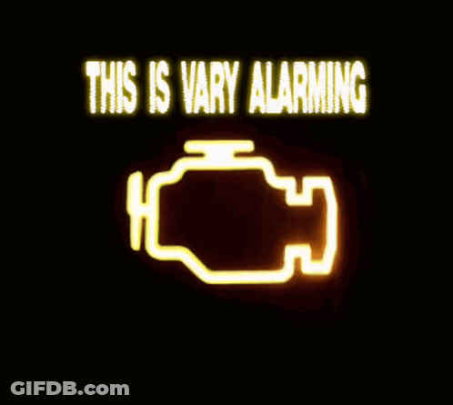 A Neon Sign That Says This Is Vary Alarming With A Yellow Engine Icon GIF