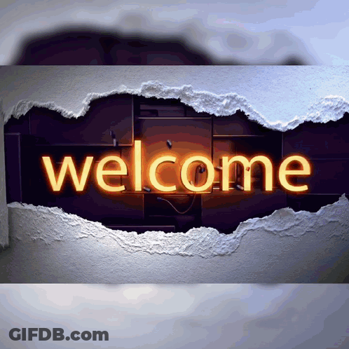 A Neon Sign That Says Welcome Is Behind A Ripped Wall GIF