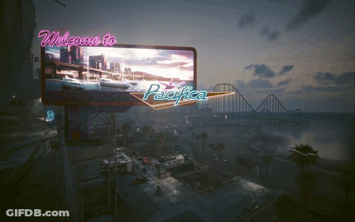 A Neon Sign That Says Welcome To Pacifica Is Above A Roller Coaster GIF