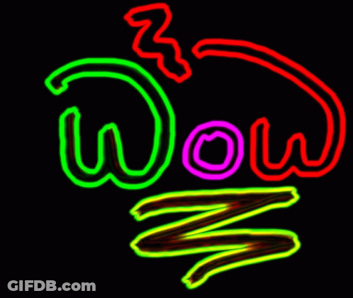 A Neon Sign That Says Wow In Green And Red GIF