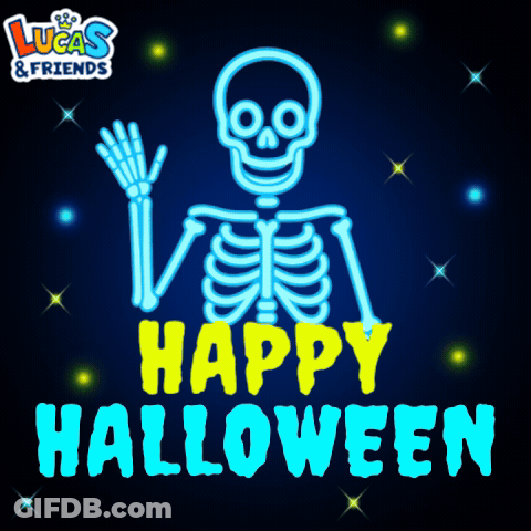 A Neon Skeleton Says " Happy Halloween " In Yellow Letters GIF