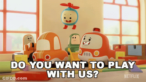 A Netflix Ad With Toys And The Words Do You Want To Play With Us On The Bottom GIF