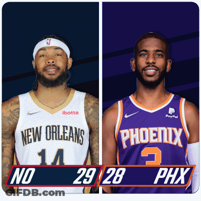 A New Orleans Basketball Player And A Phoenix Basketball Player Standing Next To Each Other GIF