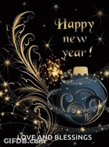 A New Year Greeting Card With A Blue Ornament And Fireworks GIF
