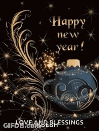 A New Year Greeting Card With A Blue Ornament GIF
