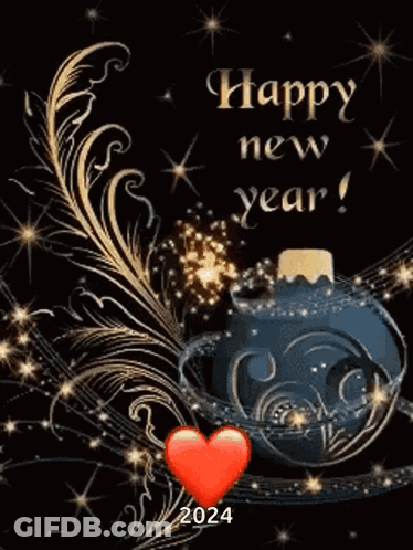 A New Year Greeting Card With A Heart And Fireworks GIF
