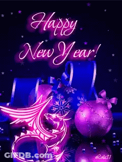 A New Year Greeting Card With Purple Christmas Balls And A Dragon GIF