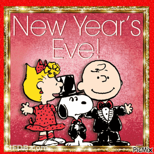 A New Year 'S Eve Greeting Card With Snoopy And Charlie Brown GIF