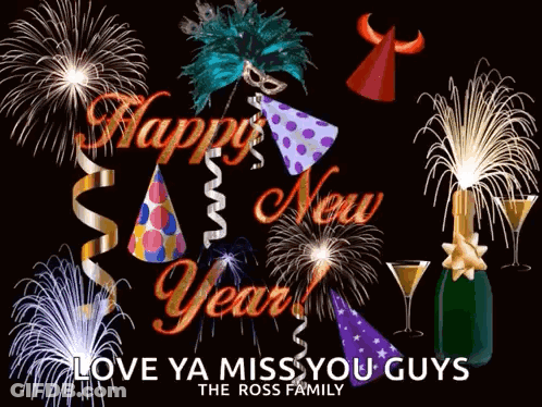 A New Year 'S Greeting Card With Fireworks And A Bottle Of Champagne GIF