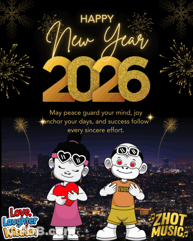 A New Year 'S Greeting From Love Laughter Wisdom With Two Cartoon Characters GIF