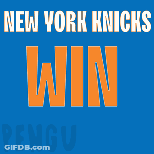 A New York Knicks Poster With A Penguin Holding A Red Basketball GIF