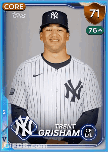 A New York Yankees Baseball Card With Trent Grisham On It GIF
