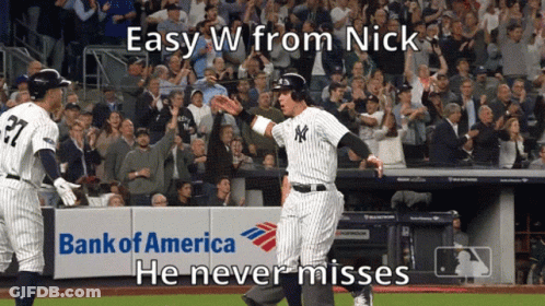 A New York Yankees Baseball Player Celebrates A Home Run In Front Of A Bank Of America Sign GIF
