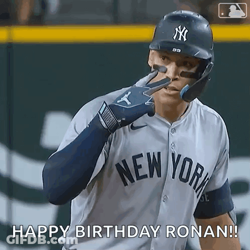 A New York Yankees Baseball Player Is Wearing A Helmet And Gloves And Wishing Someone A Happy Birthday . GIF