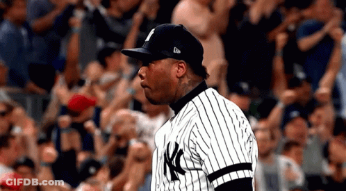 A New York Yankees Baseball Player Stands In Front Of The Crowd GIF