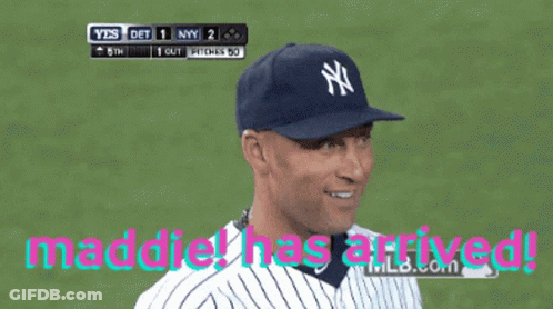 A New York Yankees Player Is Smiling With The Words Naddie Has Arrived GIF