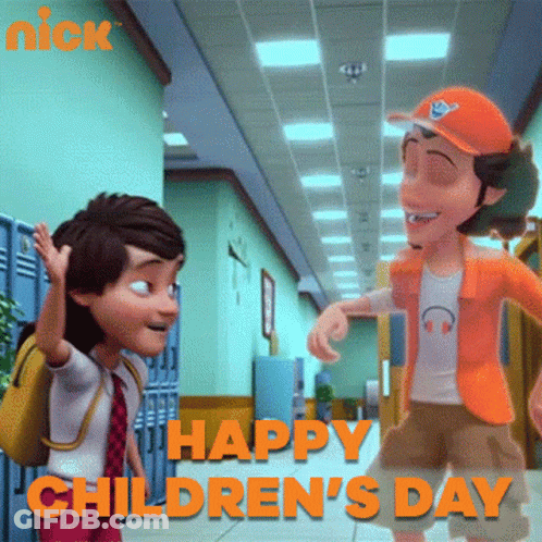A Nick Cartoon Says Happy Children 'S Day In Orange Letters GIF