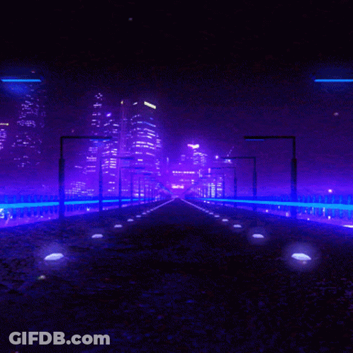 A Night Scene With Purple Lights And A Bridge In The Foreground GIF